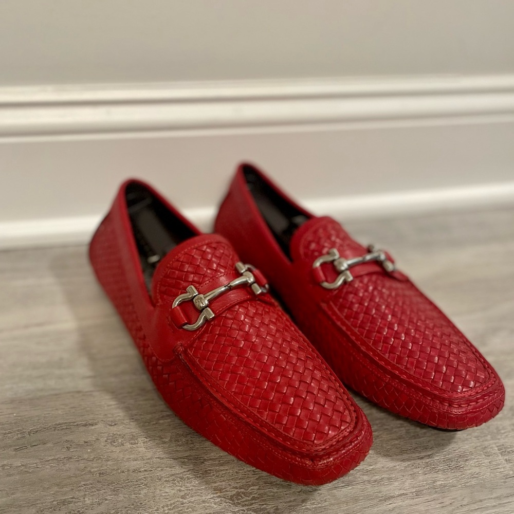 Salvatore Ferragamo sz 9.5 Parigi Braided Calfskin Red Gancini Driver/Loafer